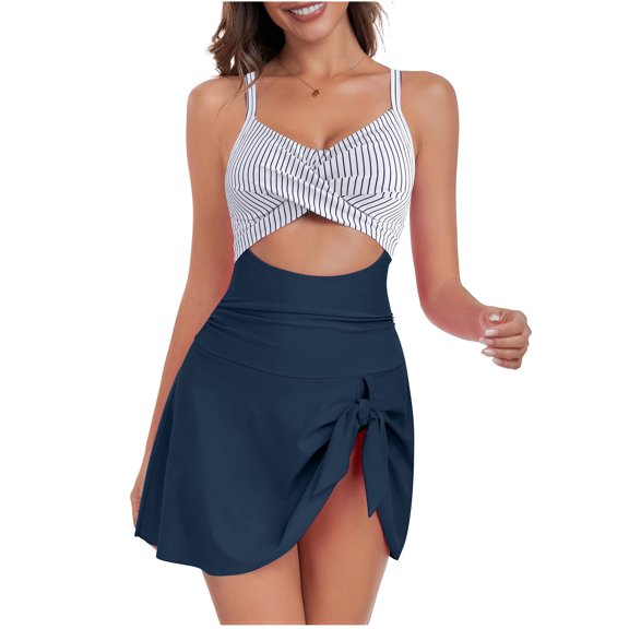 Nuoqisi Women One Piece Swimdress Tummy Control Bathing Suit Push Up Swimsuit Modest Swimwear Cutout V Neck Cute Tie Knot Skirt