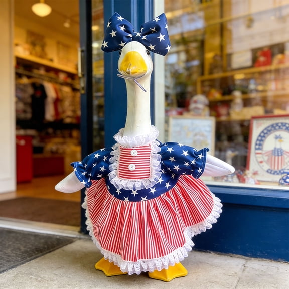 Cement Porch Goose Outfit, Porch Decorations, Patriotic Outdoor Decor, Lace Ruffle Yard Dress, 2 Pc Holiday Accessory Pack