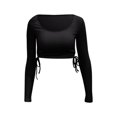 thumbnail image 6 of XFLWAM Women's Crew Neck Ruched Side Drawstring Crop Top Long Sleeve Ribbed Fitted Crop T-Shirt Cute Solid Color Bodycon Tops Black M, 6 of 7