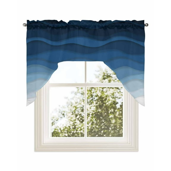 Dark Blue Stripes Kitchen Curtains Swag Valance for Windows/Bathroom/Cafe, Gradient Abstract Sea Waves Beach Rod Pocket Drape Panel Swag Curtains Valance for Bedroom/Living Room 56"x36"
