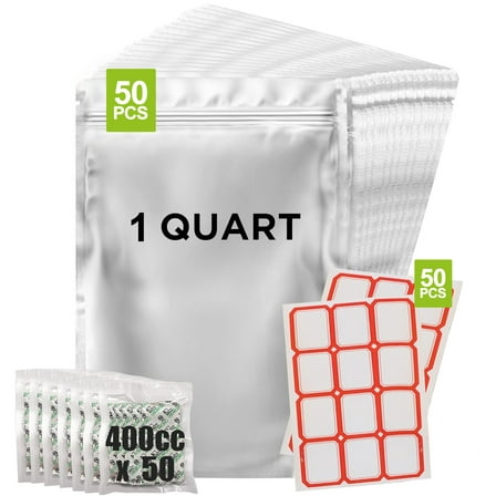 50 Packs Mylar Bags for Food Storage 1 Quart(7"x 10") Reusable Mylar Bags 400cc Thick 5.5 Mil,Heat Sealable Mylar Bags for Food Storage Zipper Pouches