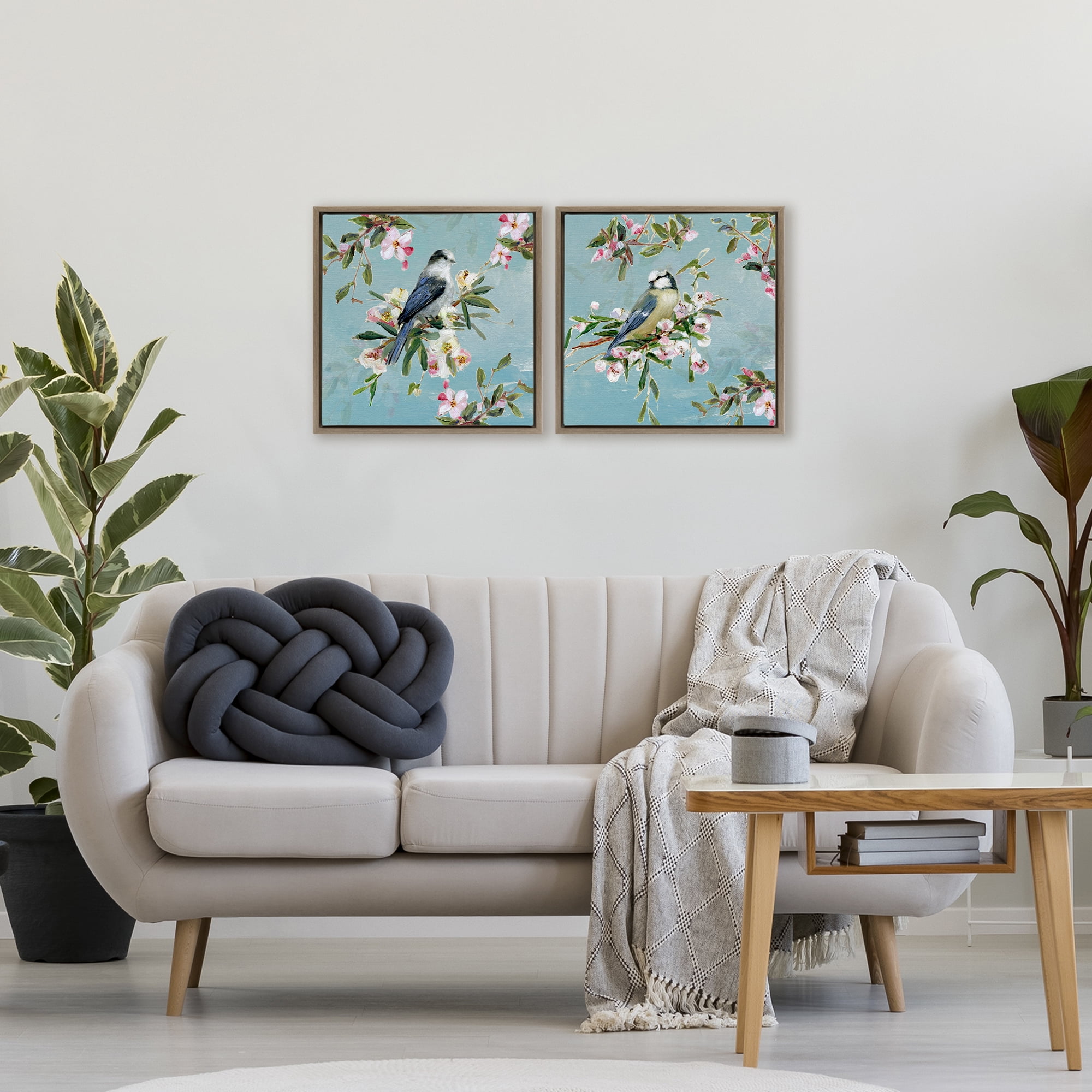 Stupell Industries Songbirds Among Spring Blossoms 2 Piece Brown Framed Floater Canvas Set, design by Sally Swatland