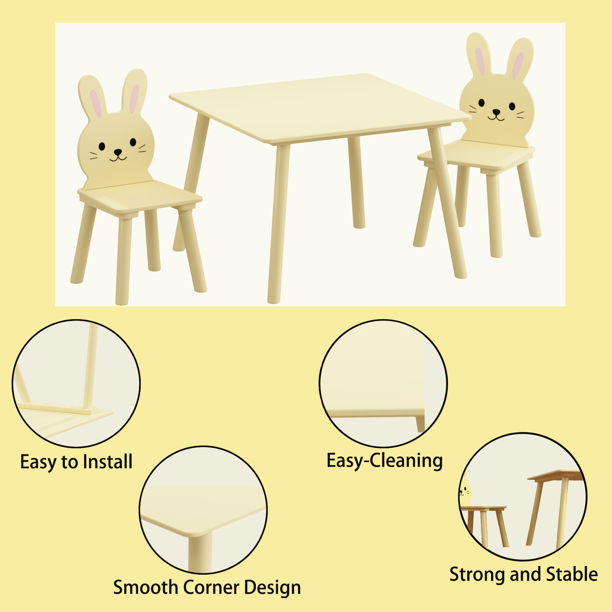 Kids Table and Chair Set with 2 Bunny Chairs, Children's Wooden Activity Table for Toddlers, Cute Animal Design Study Play Set for Playroom, Bedroom, Classroom