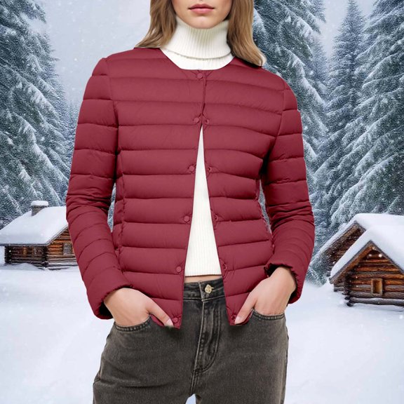 BRGZLK Women Coats Lightweight Jacket Warm Padded Slim Fit Coat Solid Color Long Sleeve Hooded Waterproof Thicken Puffy Jacket Wine XS