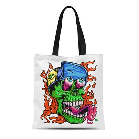 ASHLEIGH Canvas Tote Bag Skull Detailed Zombie Wearing Hat Head Monster Scary Tattoo Cartoon Reusable Shoulder Grocery Shopping Bags Handbag