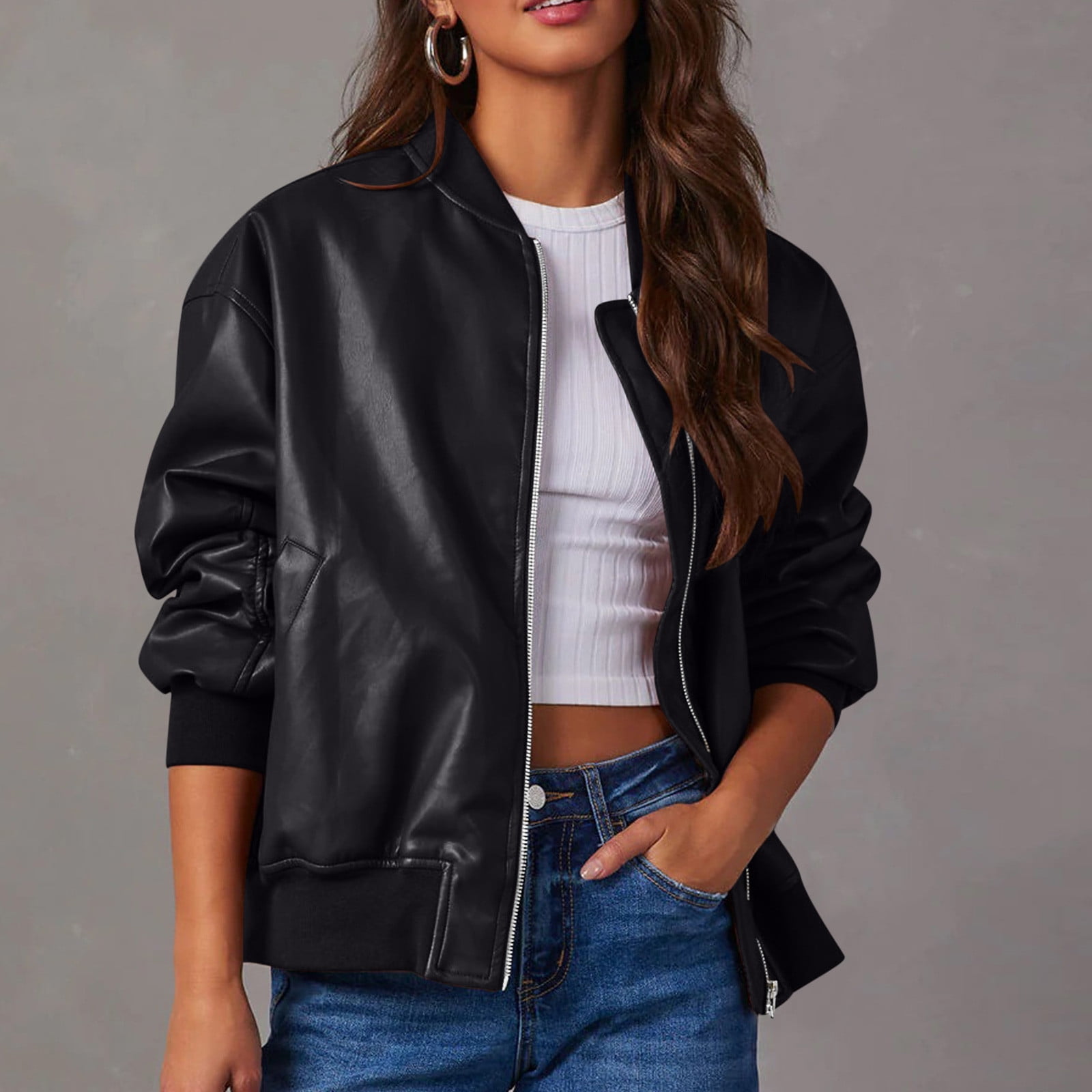 Sokhug Womens Faux Leather Jacket Bomber Jacket Oversized Zipper Motorcycle Jacket, Black
