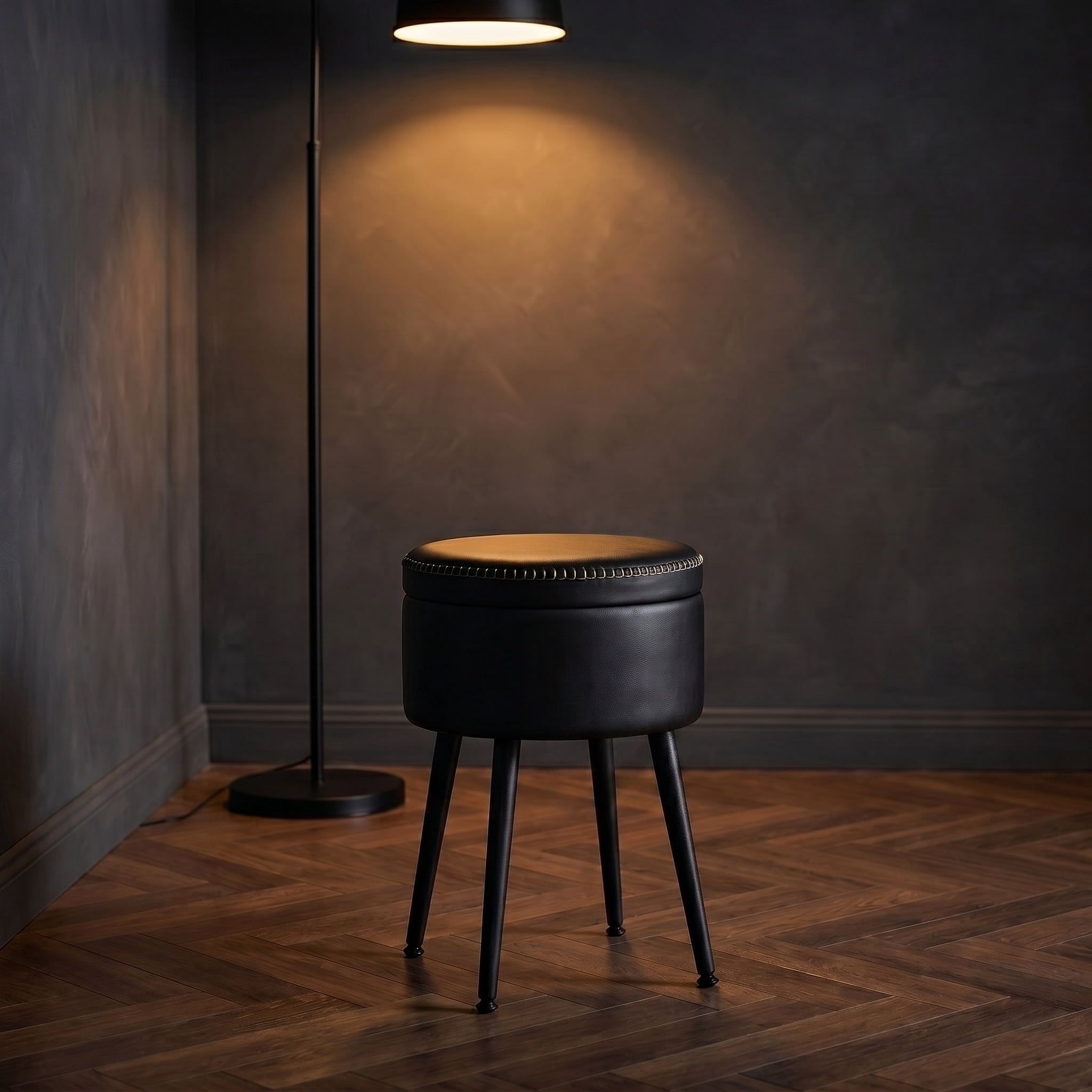 Nordic Hygge Round Storage Vanity Stool, Ink Black on Ink Black