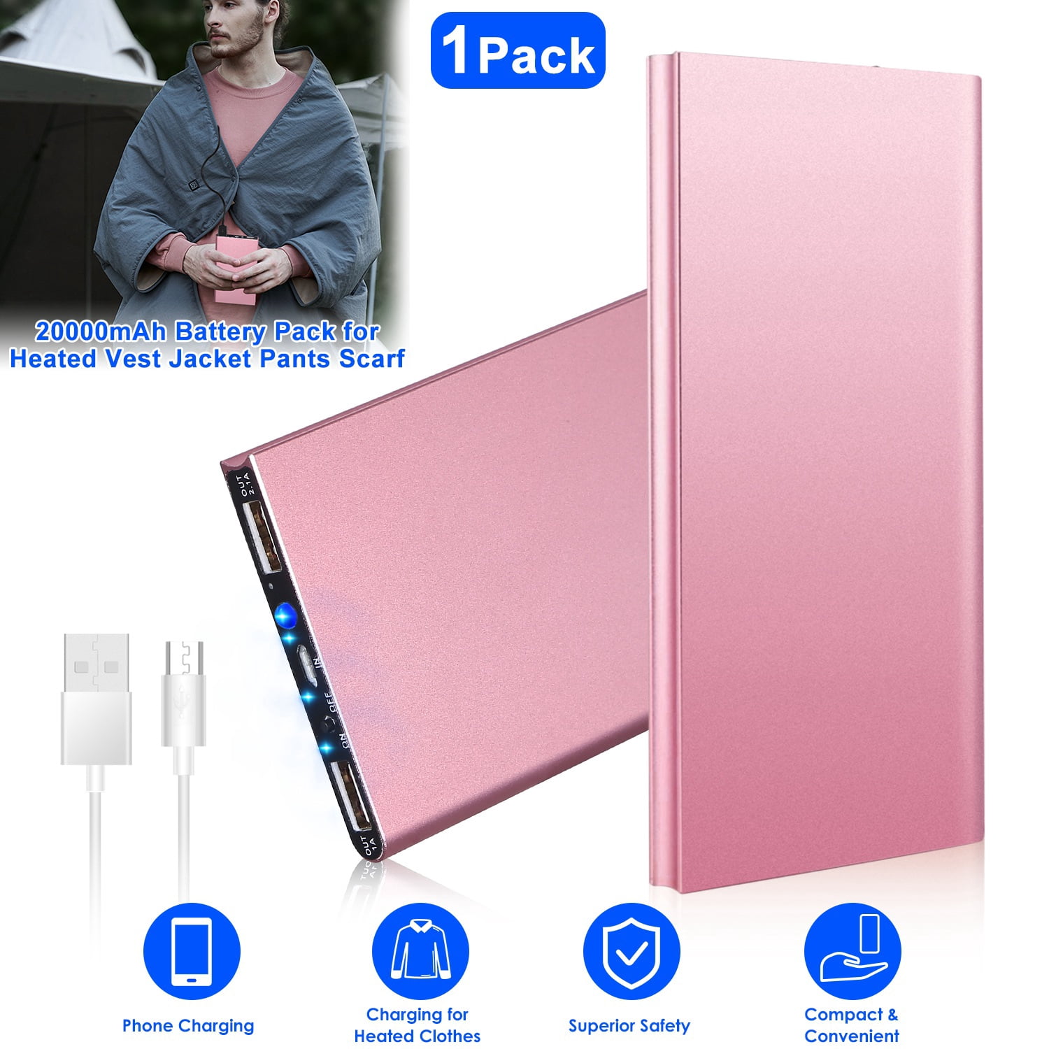 5V 2.1A Power Bank for Heated Vest Jacket 20000mAh Slim Lightweight Fast Charging Portable Charge with Dual USB Ports for Heated Clothing (1Pack, Rose Gold)