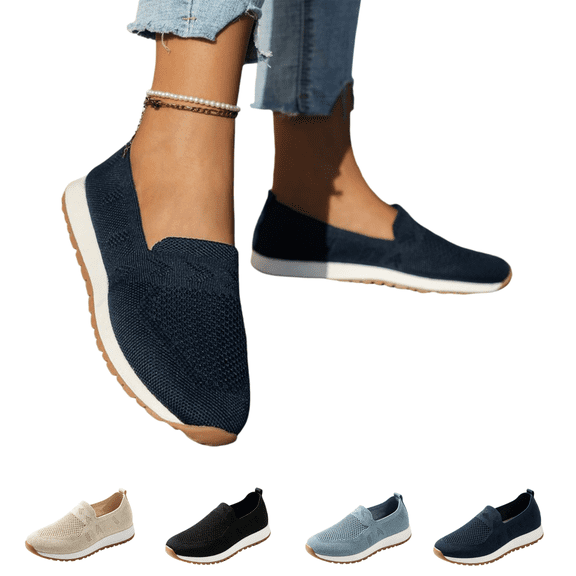 EKVAHL Women's Knitted Flat Shoes with Arch Support Slip On Breathable Walking Shoes Lightweight Mesh Sneakers Comfort Wide Width Round Toe Loafers