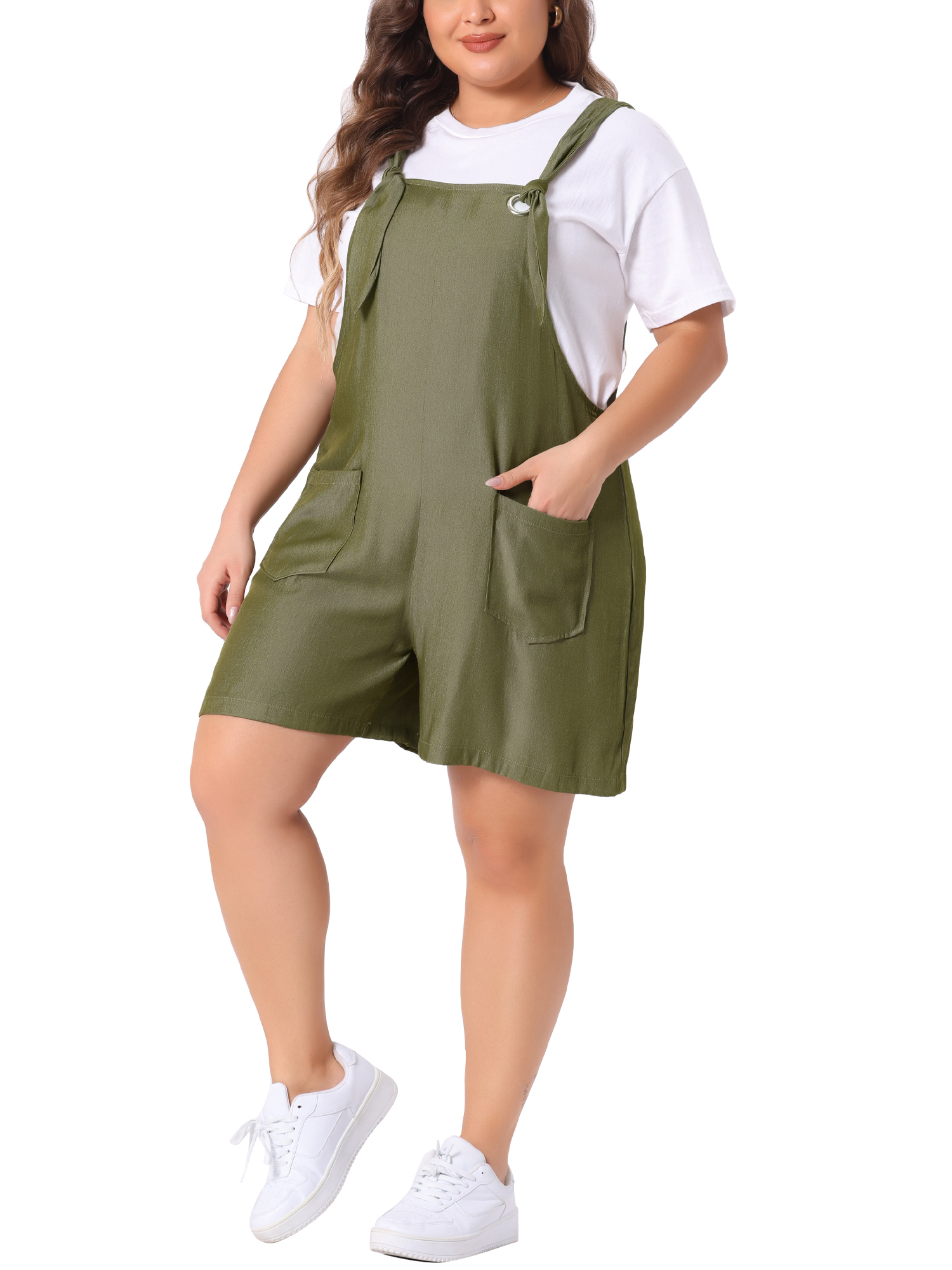 DARING DIVA Women's Plus Sleeveless Square Neck Tie Shoulder Romper Shorts 2X Army Green