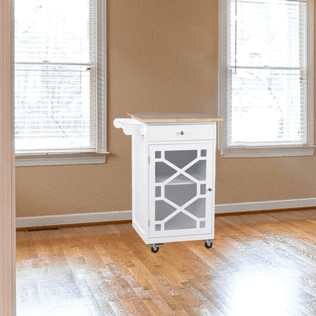 

Modern Kitchen Island on Wheels Farmhouse Kitchen Cart with 1 Drawer 1 Glass Door Cabinet and Towel Holder White