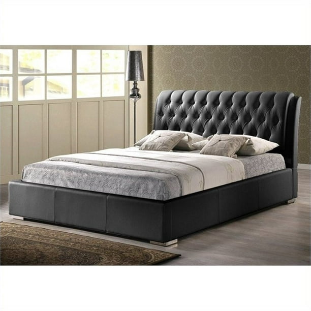 Queen Faux Leather Tufted Platform Bed, Black Leather Tufted Queen Headboard