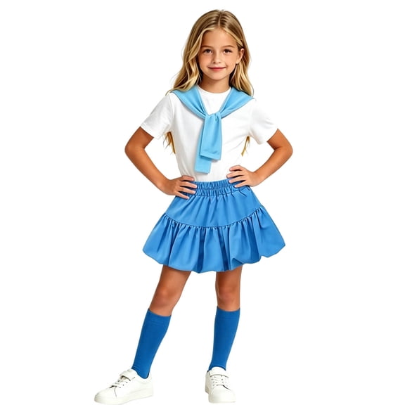 Iyufng Old Girls' Dopamine Performance Sets, 4 Piece, Short-Sleeve Top with Pleated Skirt and Shawl, Socks 3-13 Years