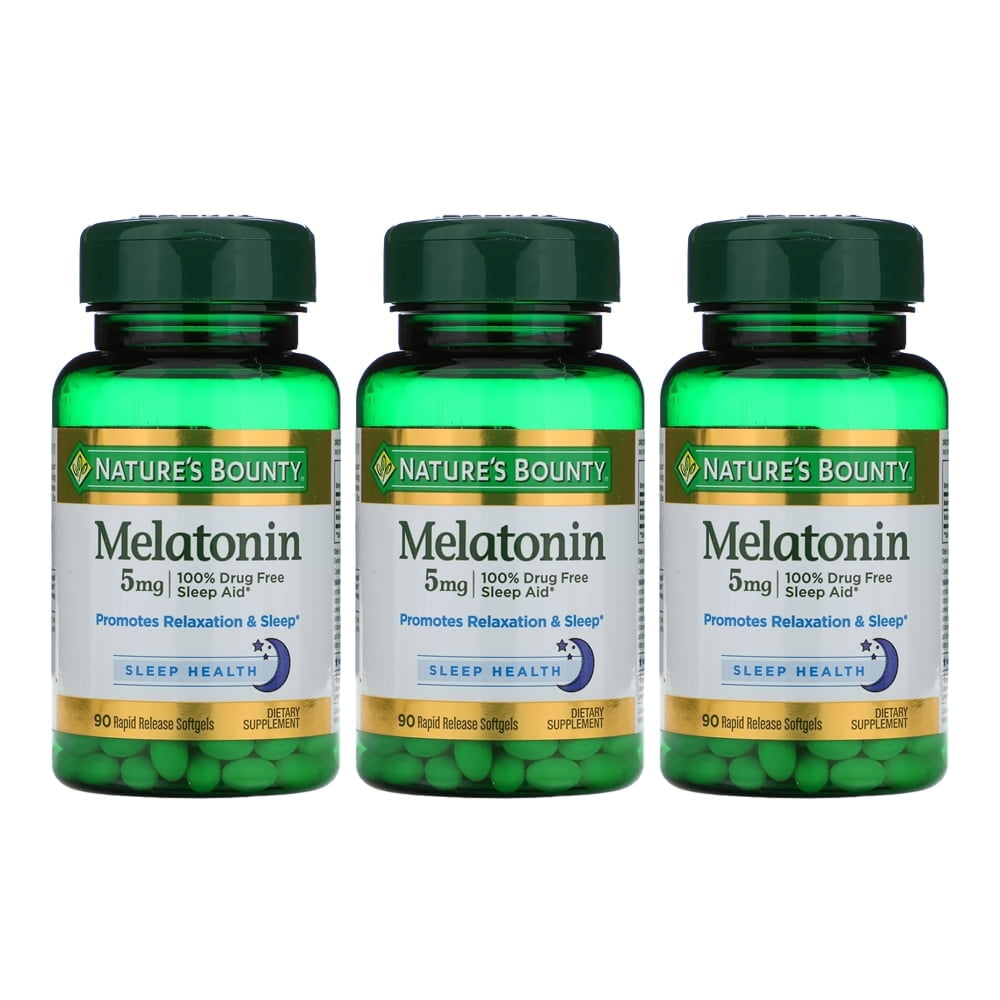 Nature's Bounty Melatonin. Dietary Supplement. Promotes Relaxation and Sleep Health. 5 mg. 90 Softgels. Pack of 3