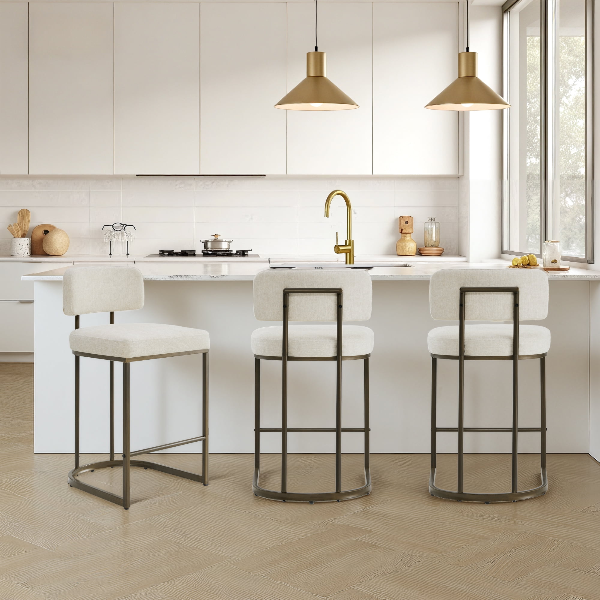 Spruce & Spring Modern 26-Inch Counter Bar Stool Set with Brass Frame Set of 3, Linen with Brass Frame