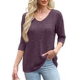 thumbnail image 4 of ManxiVoo Womens Brushed Striped V Neck Tee Shirt Artistic Retro Inspired Three Quarter Sleeve Top XL Size Purple, 4 of 7