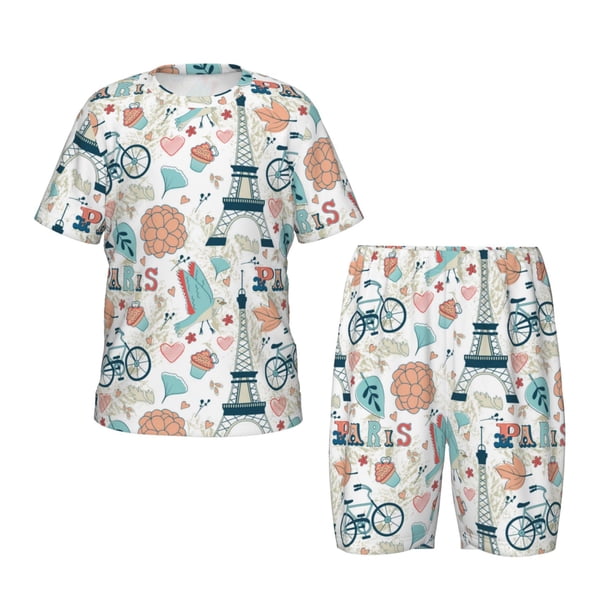 Balery Eiffel Tower Conjunto de Pijama Infantil de Manga Corta con Estampado – Ropa de Dormir de Algodón Suave-Small