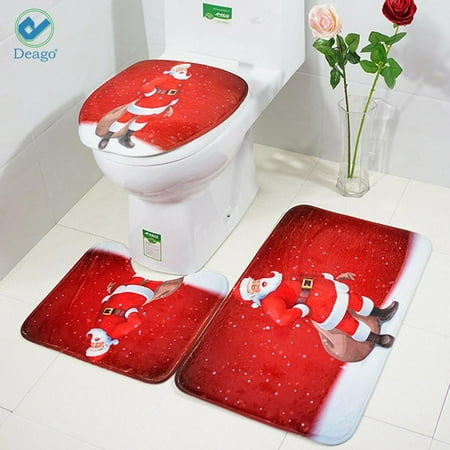 Deago 3 Pcs Snowman Santa Bath Mats Set Toilet Seat Cover & Floor Mat and Anti-Slip Shower Rug Carpet For Christmas Home Decorations
