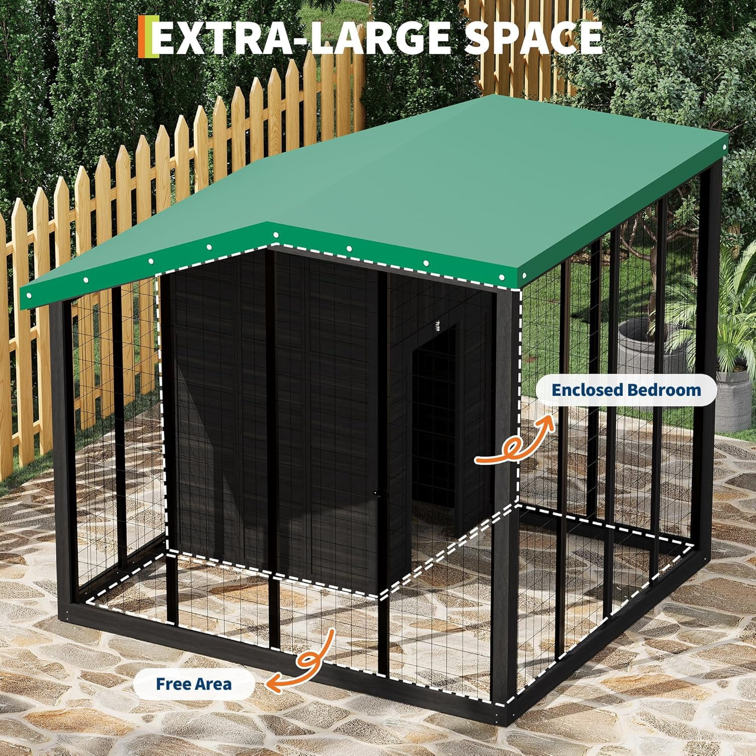 Cedar Wood Large Dog Kennel with Galvanized Steel Roof, Outdoor Dog House with Feeding Door, Locking Gate, Water/Food Tray, Cedar Wood Shelter for Backyard (Wood)