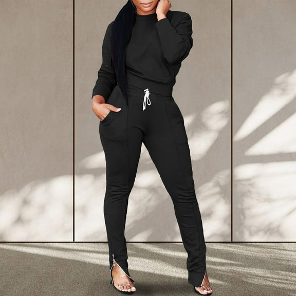 Women's Autumn Winter Outfit Sets Pocket Round-Neck Long Sleeve Sweatshirt and Casual Pant