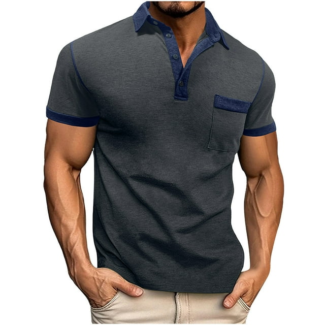 pstuiky Mangas cortas para hombre, Camisa informal de moda para hombre, color liso, con solapa, mangas, cuello redondo, botones y bolsillo camisetas de hombre xl