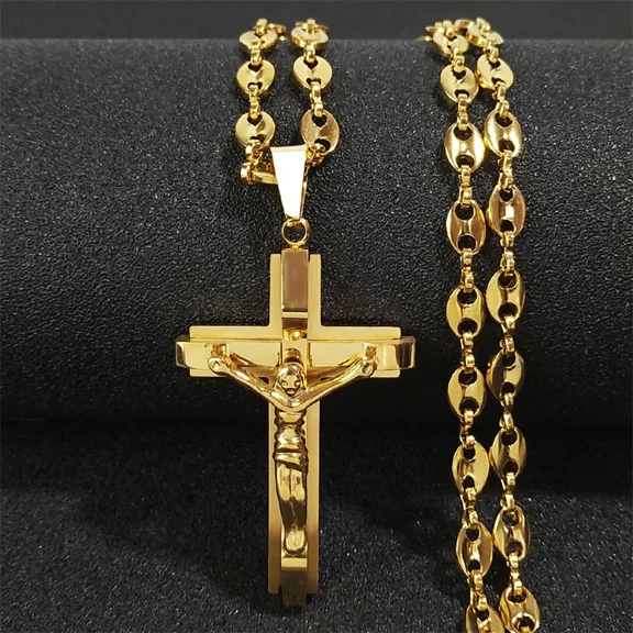 14K Gold Filled Coffee‑Bean Pattern Neck Chain With Jesus Crucifix Cross Pendant, Timeless Christian Devotional Motif, Eye‑Catching Themed Neck Ornament for Men