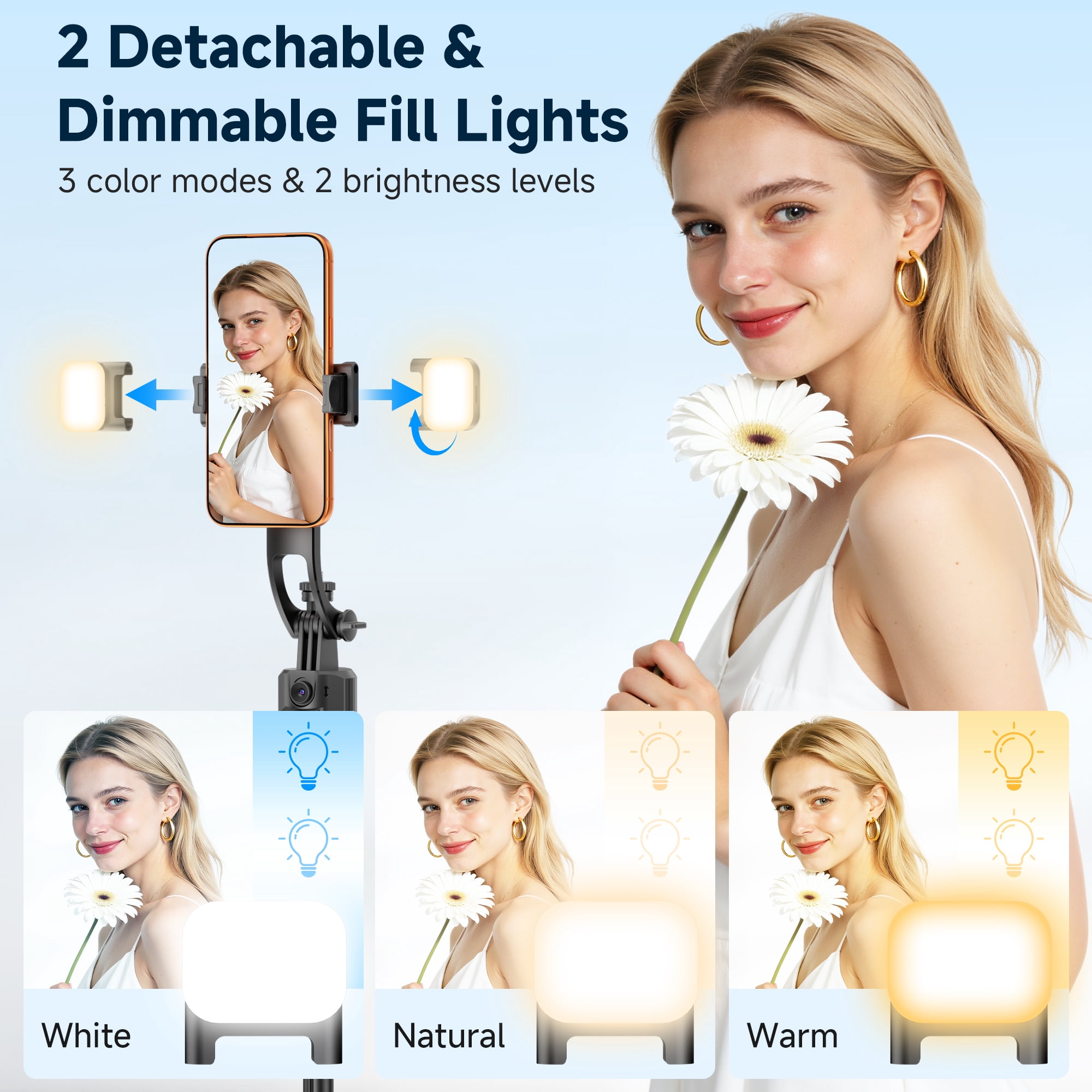 SelfieShow 64” Auto Face Tracking Tripod for iPhone, 360° Rotating Selfie Stick Tripod, Handheld Stabilization with Remote Control and Fill Light, for TikTok Vlog Video Recording