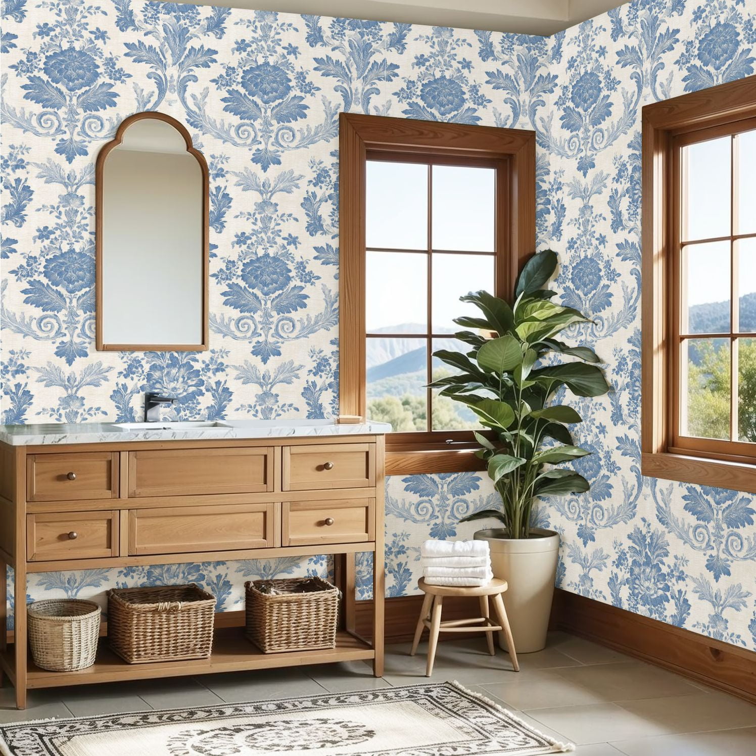 Vintage Peel and Stick Wallpaper 23.6in x 9.8ft Blue Floral Damask Elegant Swirls Detailing Contact Paper Vinyl Waterproof Self Adhesive Wall Paper for Bedroom Shelf Cabinet Renter Friendly
