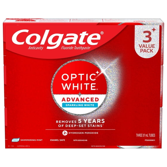 Colgate Optic White Advanced Sparkling White Dentifrice au Fluorure, Paquet Écono, 3x 57 ml