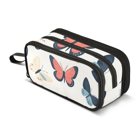 FORMRS Pencil Case with 3 Compartments Zipper Pouch, Elementary School Level and up, Beige Butterflies
