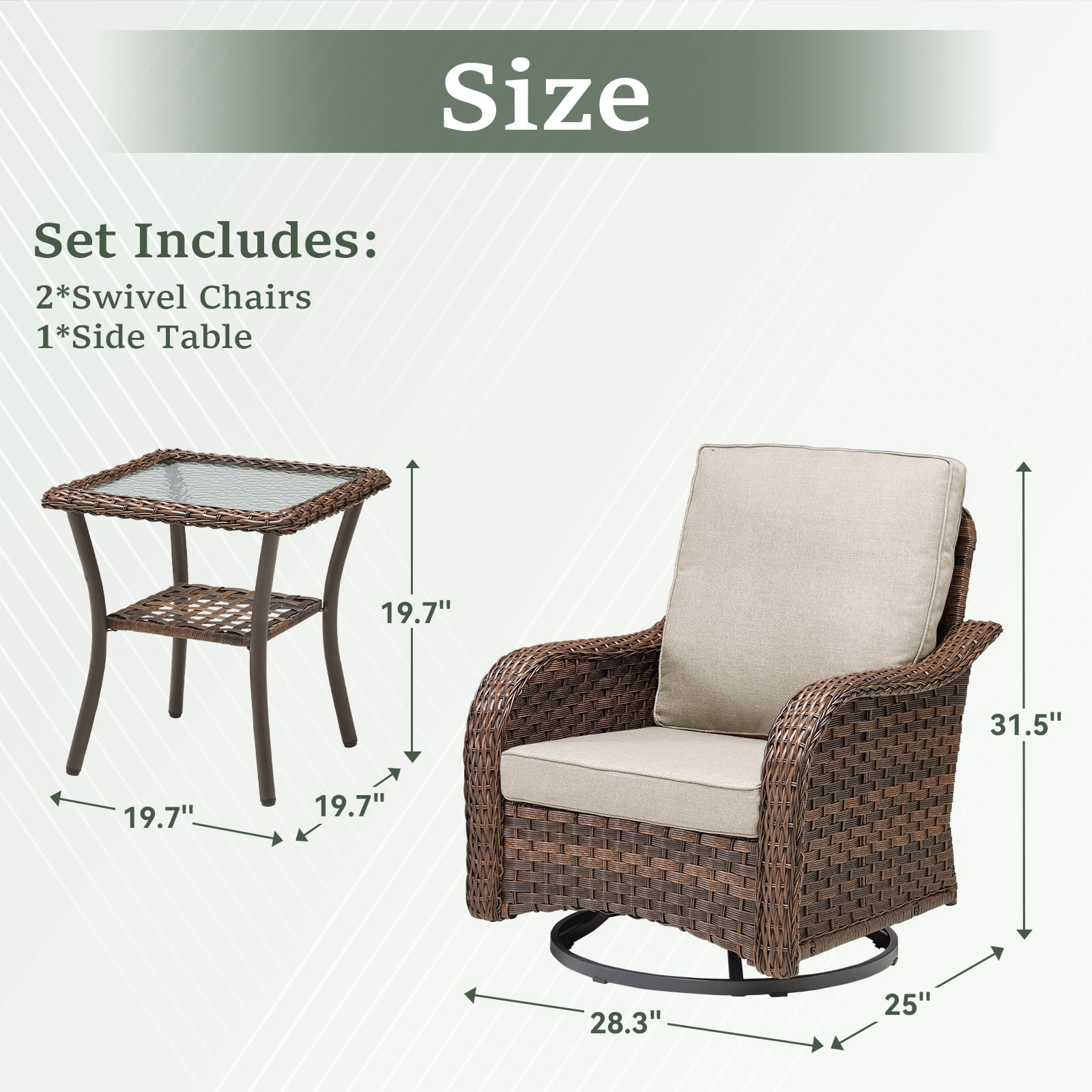 Hommoo 3-Piece Outdoor Furniture Set, Outdoor Swivel Gliders Rocker, Wicker Patio Bistro Set with Side Tablerd for Porch Deck Backyard, Beige