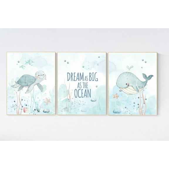 UNFFRAMED Luvia Under the Sea Nursery Wall Art Set of 3, Ocean Animal Prints, Nautical Baby Room Decor Set 3 Prints 8x12