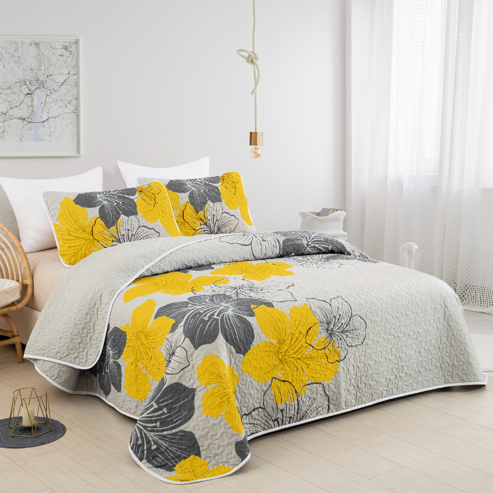 Floral Quilt Set King Size,3Pcs Yellow Bedding Set Lightweight Coverlet Adult(90"x110")