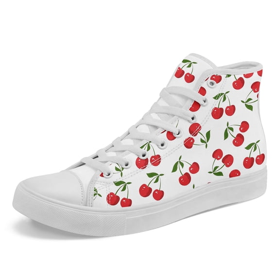 CoolcustomMen's Valentine's Day Cherry-Themed High-Top Sneakers with Cherry Pattern (Berties/Cheeries), Lace-Up Ankle Footwear for Streetwear, & Daily Wear - Rubber Sole & Fabric Upper Casual Shoes