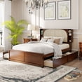 thumbnail image 2 of Wood Queen Bed Frame with Trundle and 2 Drawers, Platform Bed with Rattan Headboard, No Box Spring Needed, Walnut, 2 of 9