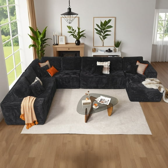 Ovios 163'' x 107'' U-Shaped Oversized Sectional Sofa Modern Modular Cloud Couch with Deep Seat Plush Corduroy Upholstered Large Comfy Sofa for Living Room, No Assembly, Black