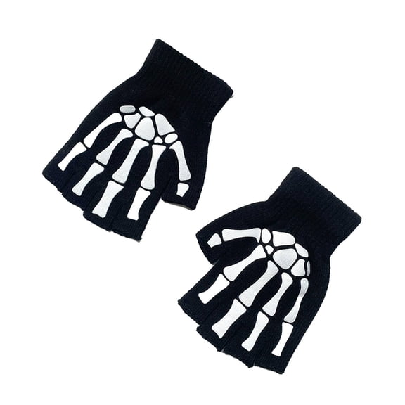 TELOLY 2026 New Fingerless Gloves Glow-In-The-Dark Skeleton Gloves Skull U0026 Bone Design Knitted Winter Mittens Halloween Must-Have for Costume,Party,Cosplay,Festival,Black,Bone Claw