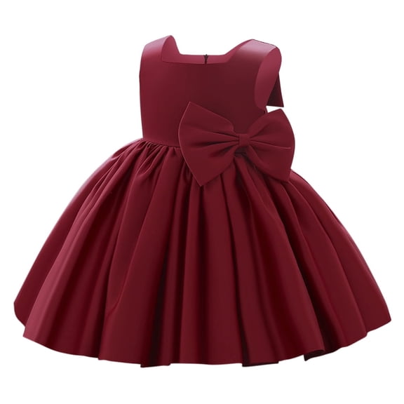 AoDai Flower Girl Dress Satin Bowknot Tutu Wedding Bridesmaid Christening Pageant Birthday Party Evening Prom Gown 12-18 Months Wine Red