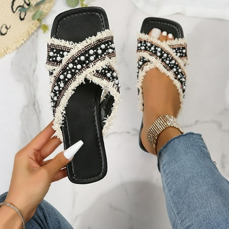 

Womens Shoes Summer Square Toe Slippers Fashion Pearl Rhinestones Tassel Casual Beach Slippers Womens down Slippers Size 11 Battery Heated Slippers Women I Do Slippers for Women Womens Slipper Boots