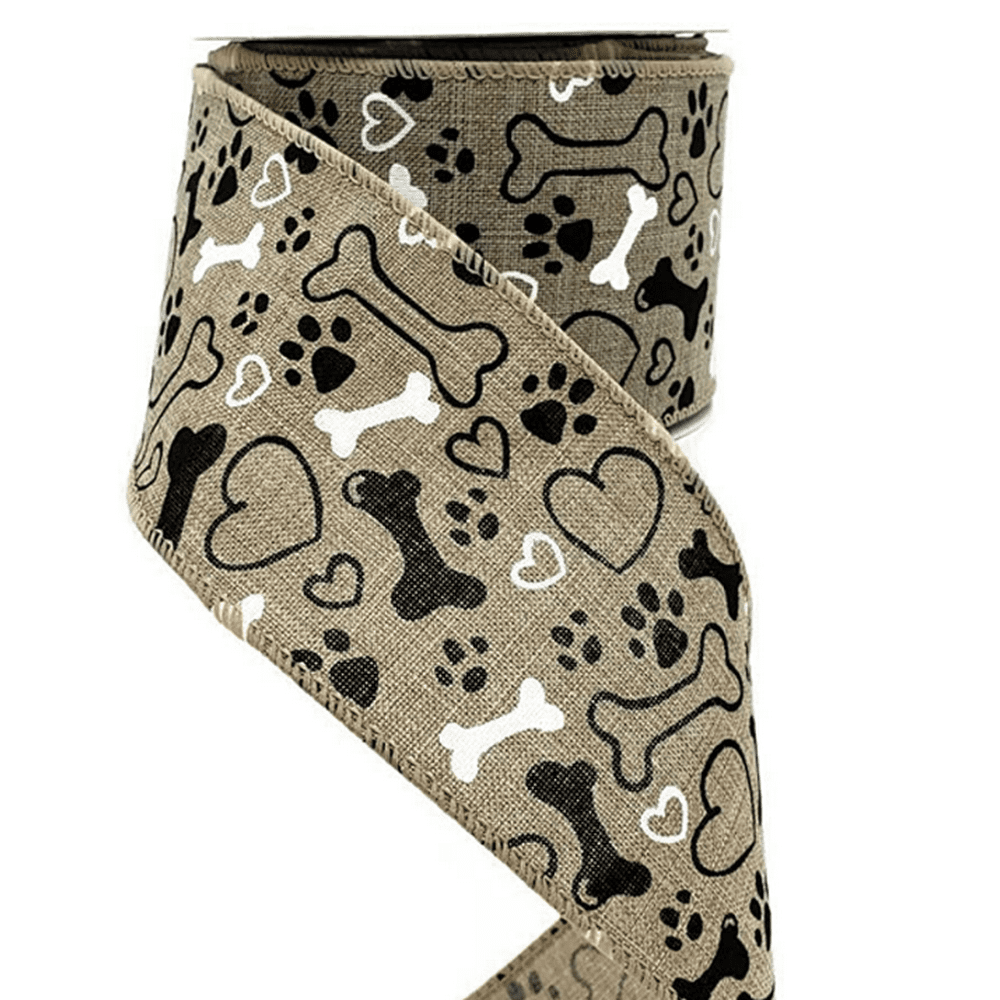 2.5" Bone Paw Print Ribbon: Natural (10 Yards) Dog Lover Wired Ribbon