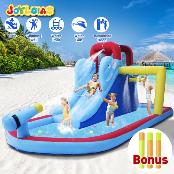 JOYLDIAS Kids Inflatable Bounce House Water Slide Backyard Toys with Splash Pool,Climbing Wall,Air Blower,Water Guns