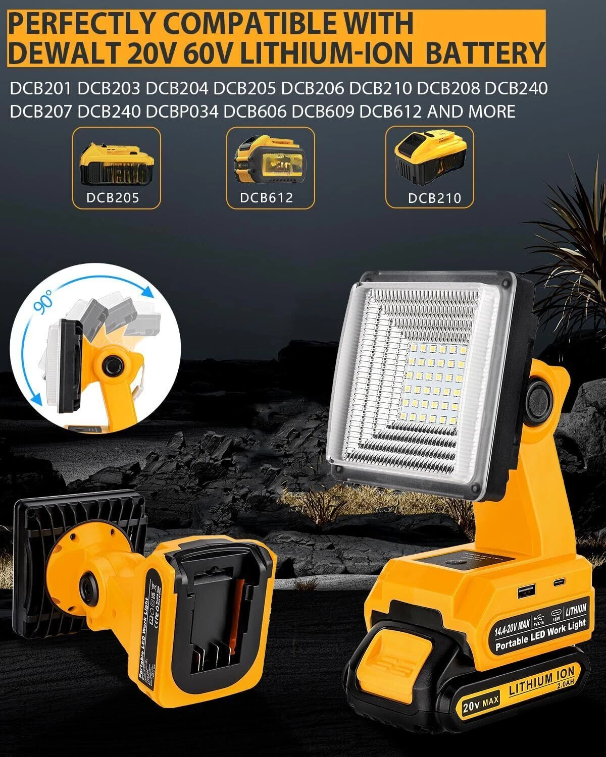 1500LM LED Work Light for Dewalt 20V 60V Battery Outdoor Flood Light with USB