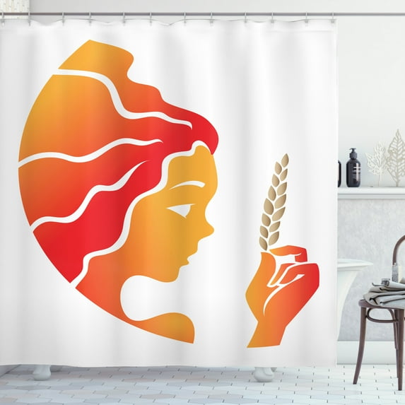 Zodiac Virgo Shower Curtain, Warm Colored Fantastic Woman with an Ear of Wheat Horoscope Art, Fabric Bathroom Set with Hooks, 69W X 84L Inches Extra Long, Vermilion Orange Cocoa, by Ambesonne