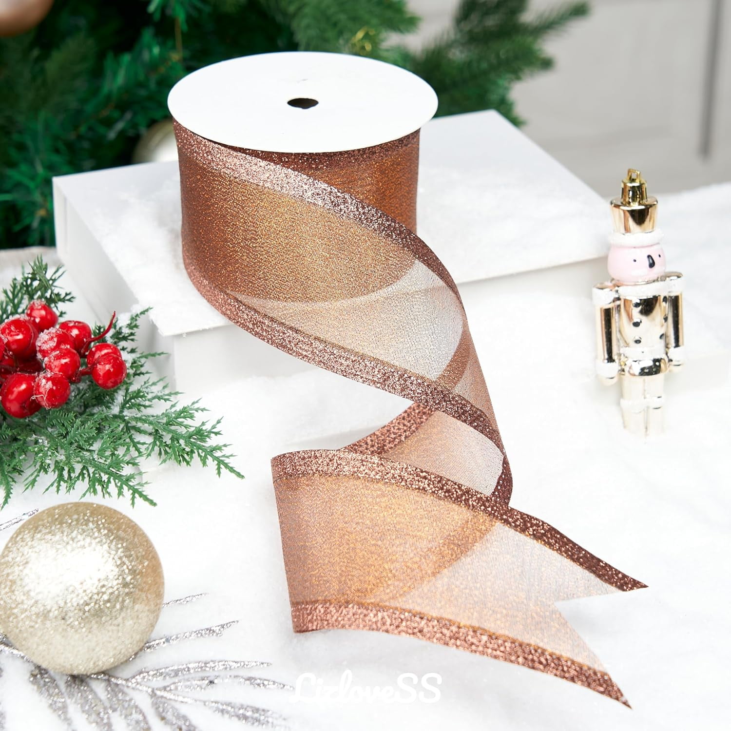 Copper Christmas Ribbon Wired 2.5 Inch Metallic Copper Wired Ribbon with Glitter Stripe, Ribbon for Christmas Tree, Wreaths Supplies, Swag, Garland, Holiday Decor - 10 Yards