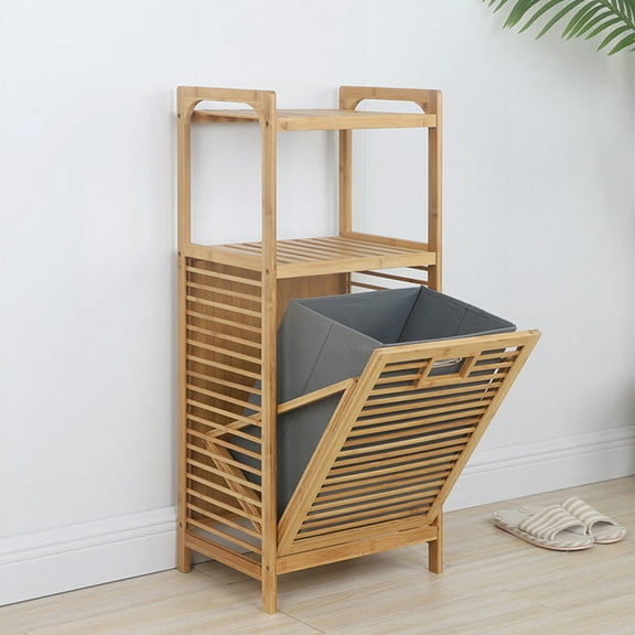 Wuzstar Bamboo Laundry Hamper Freestanding Clothes Basket 3-Tier Tilt-Out Laundry Hamper with Storage Shelf and Removable Liner