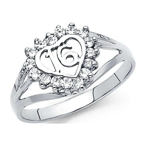 14k White Italian Gold Heart With Surrounded CZ Sweet 16 Ring 10mm
