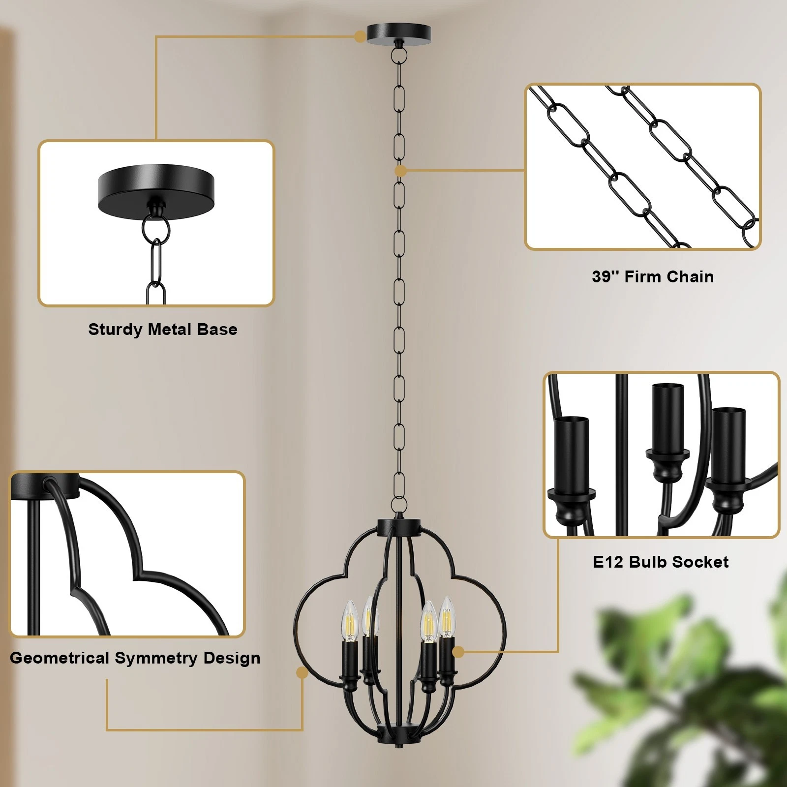 4-Light Black Foyer Chandelier Lantern, Farmhouse Pendant Light Fixtures for Dining Room,Living Room,Kitchen Island