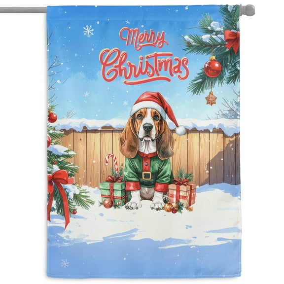 Merry Christmas Woofmas Xmas Noel Basset Hound Elf Candy Cane Snow House Flag 28x40in Double Sided Bassets Dog Breed Lovers Gifts Idea Outdoor Decor - 13017