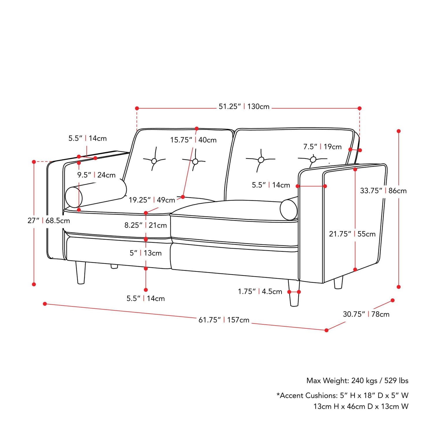 CorLiving Mulberry Fabric Upholstered Modern Indoor Loveseat with Tufted Back and Extra Bolster Cushions