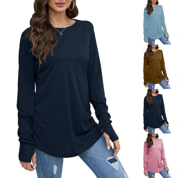HVOBTTY Women's Long Sleeved Pullover T Shirts, Fall Tops for Women, Women's Casual Fashion Lightweight Crew Neck Base Layer Top Blue, XXL